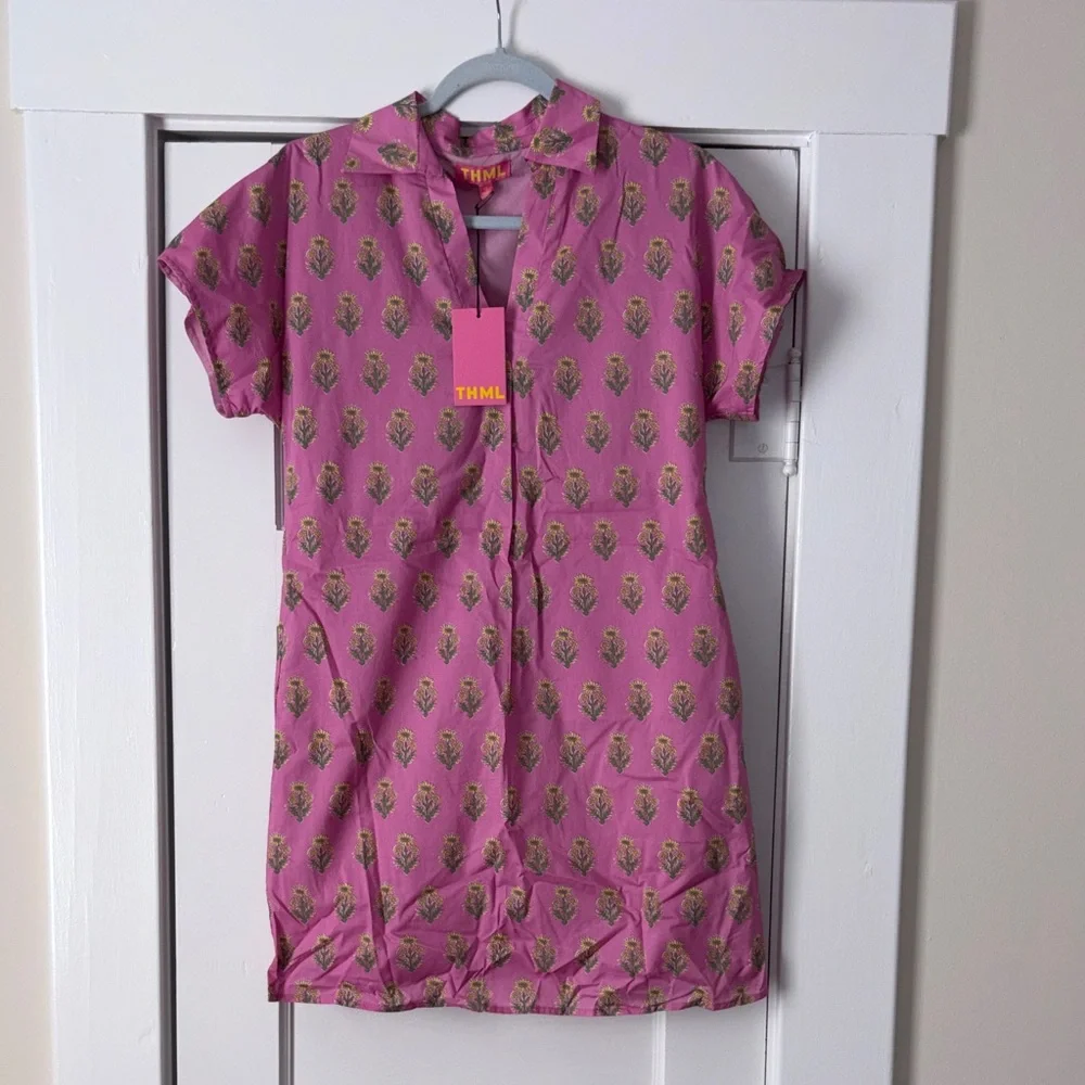 THML short-sleeve collared dress in a vibrant pink and yellow floral